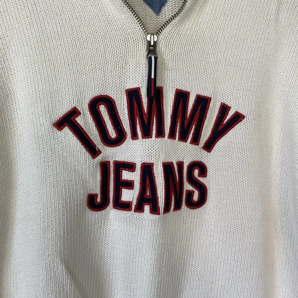 Vintage Tommy Jeans Sweater Mens Large White Hilfiger Zip Knit Pullover Y2K